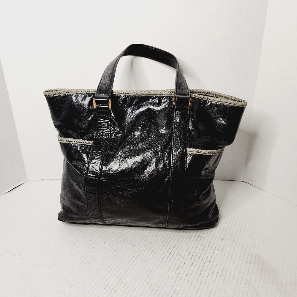 Tory Burch Black Patent Leather Snakeskin Trim Gold Hardware Shoulder Bag Tote - Picture 6 of 16